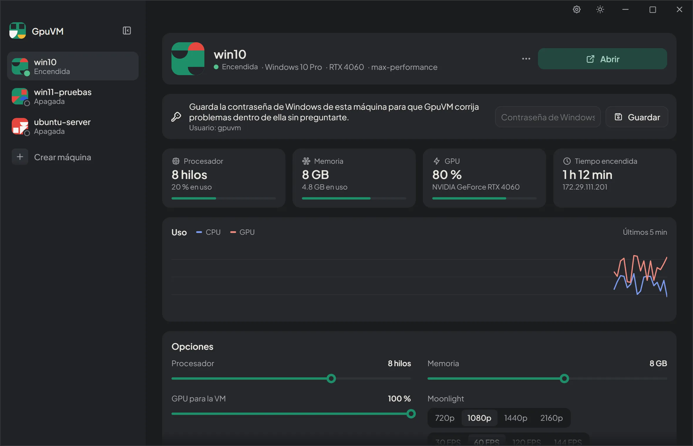 GpuVM desktop app showing a VM with its live stats and options, dark theme