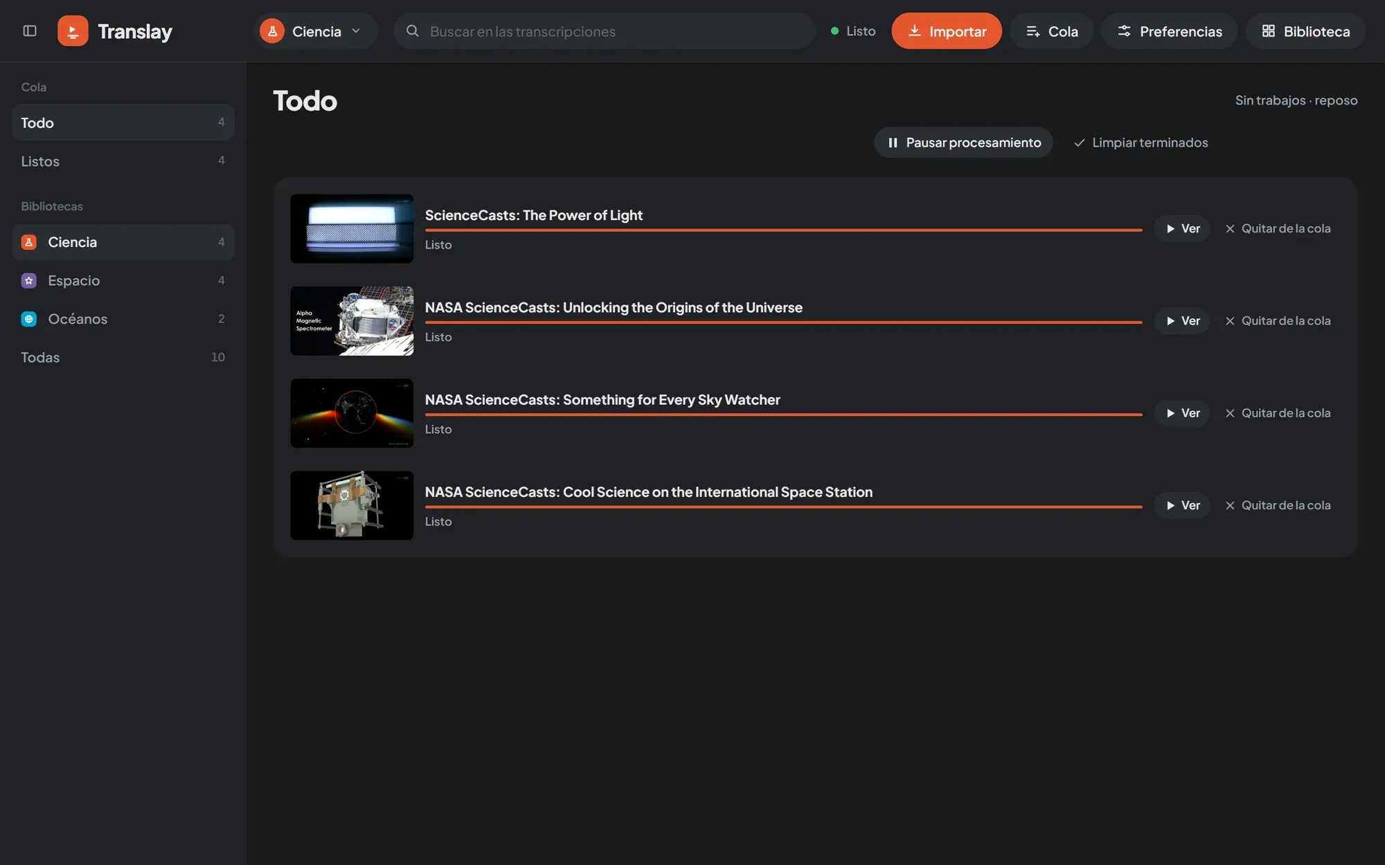 Queue screen with the videos of the Science library ready