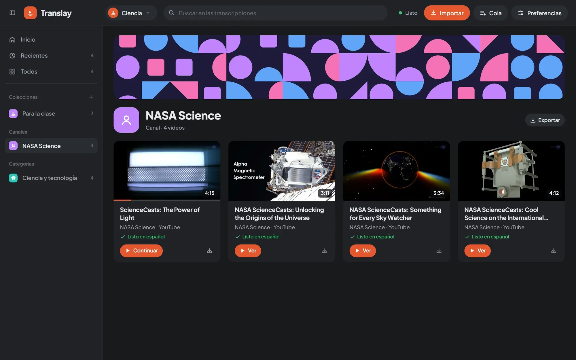 The NASA Science channel collection with its banner and four videos ready in Spanish