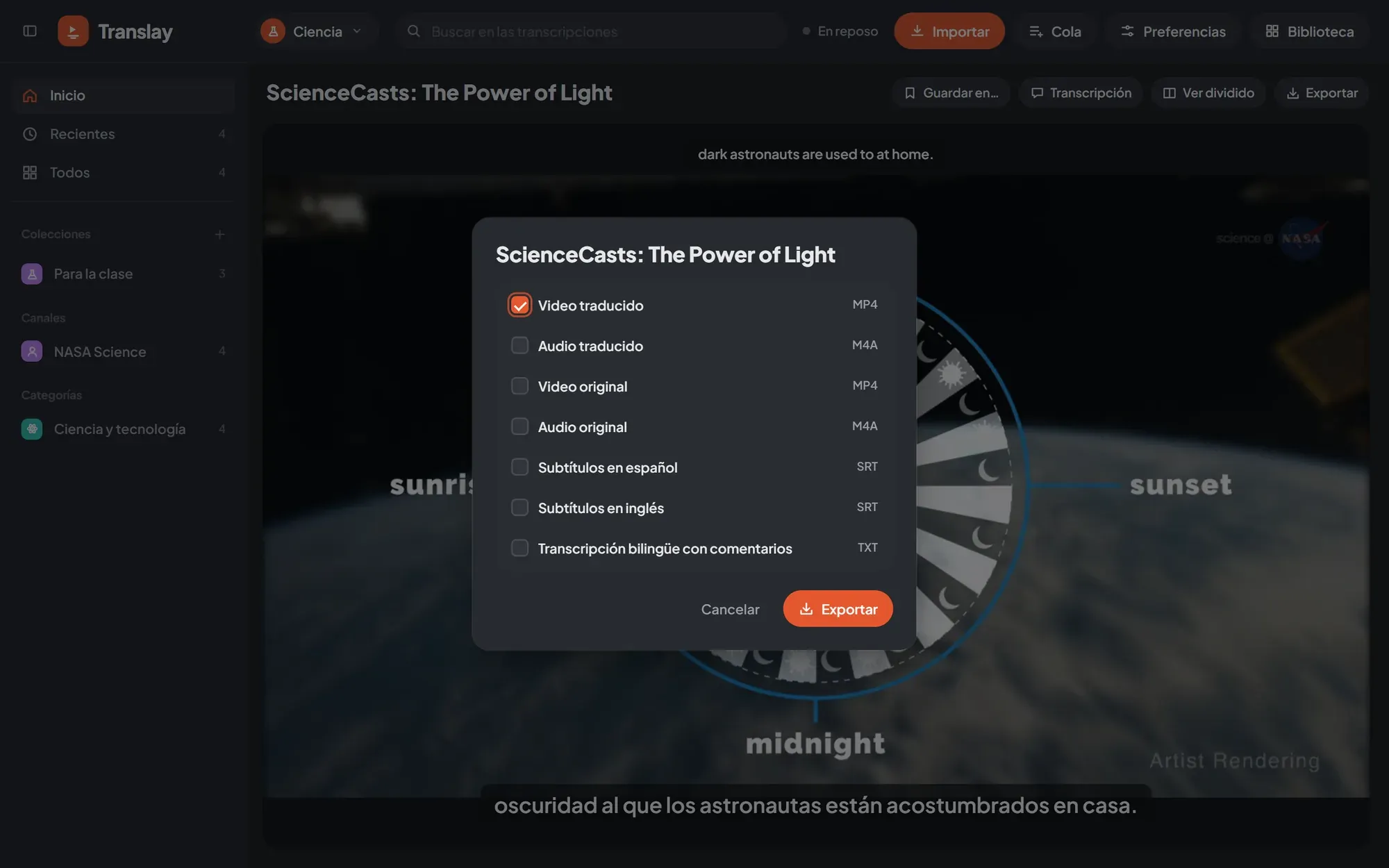 Export dialog with translated video, audio, originals, subtitles and transcript