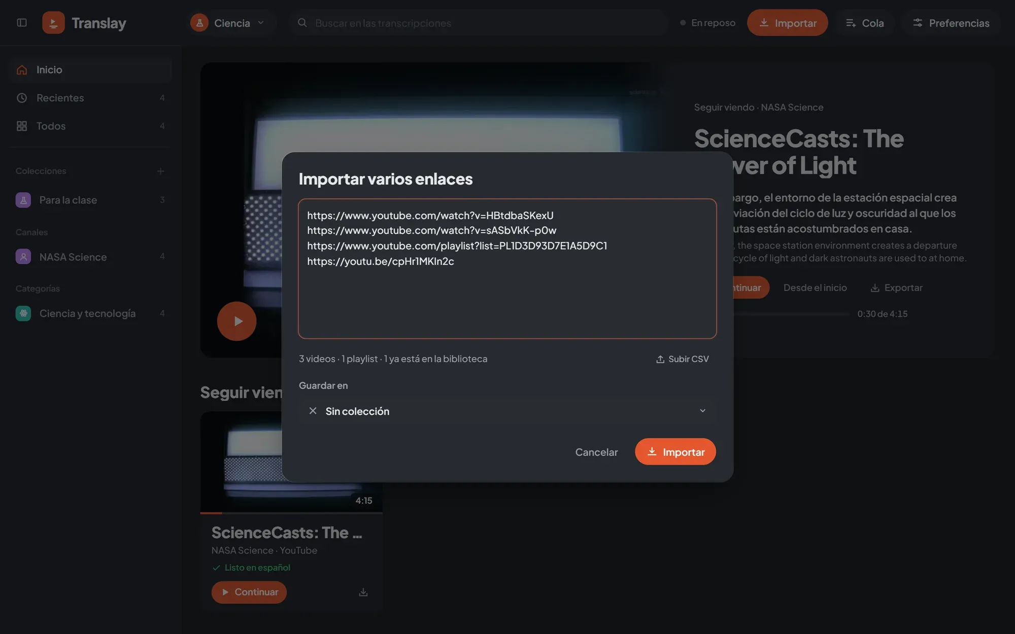 The «Importar varios enlaces» (Import several links) dialog with four YouTube links, one of them a playlist