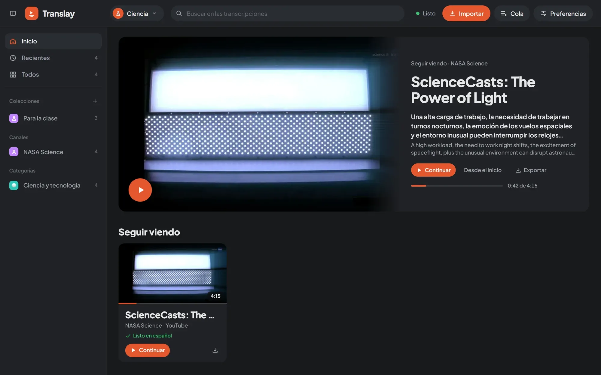 A library home page with the continue-watching video, collections, channels and categories