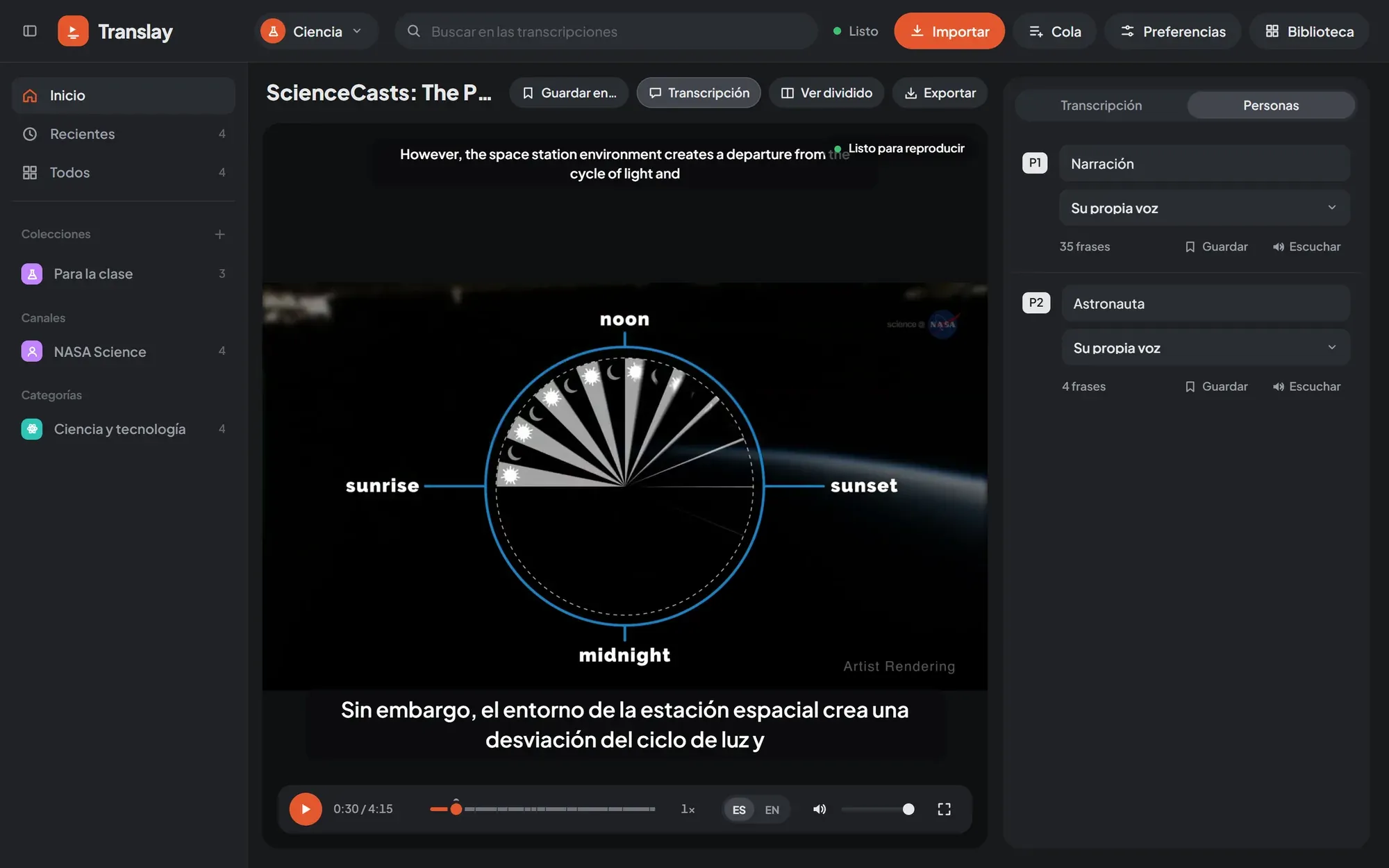 People tab with Narración and Astronauta, each with their own voice