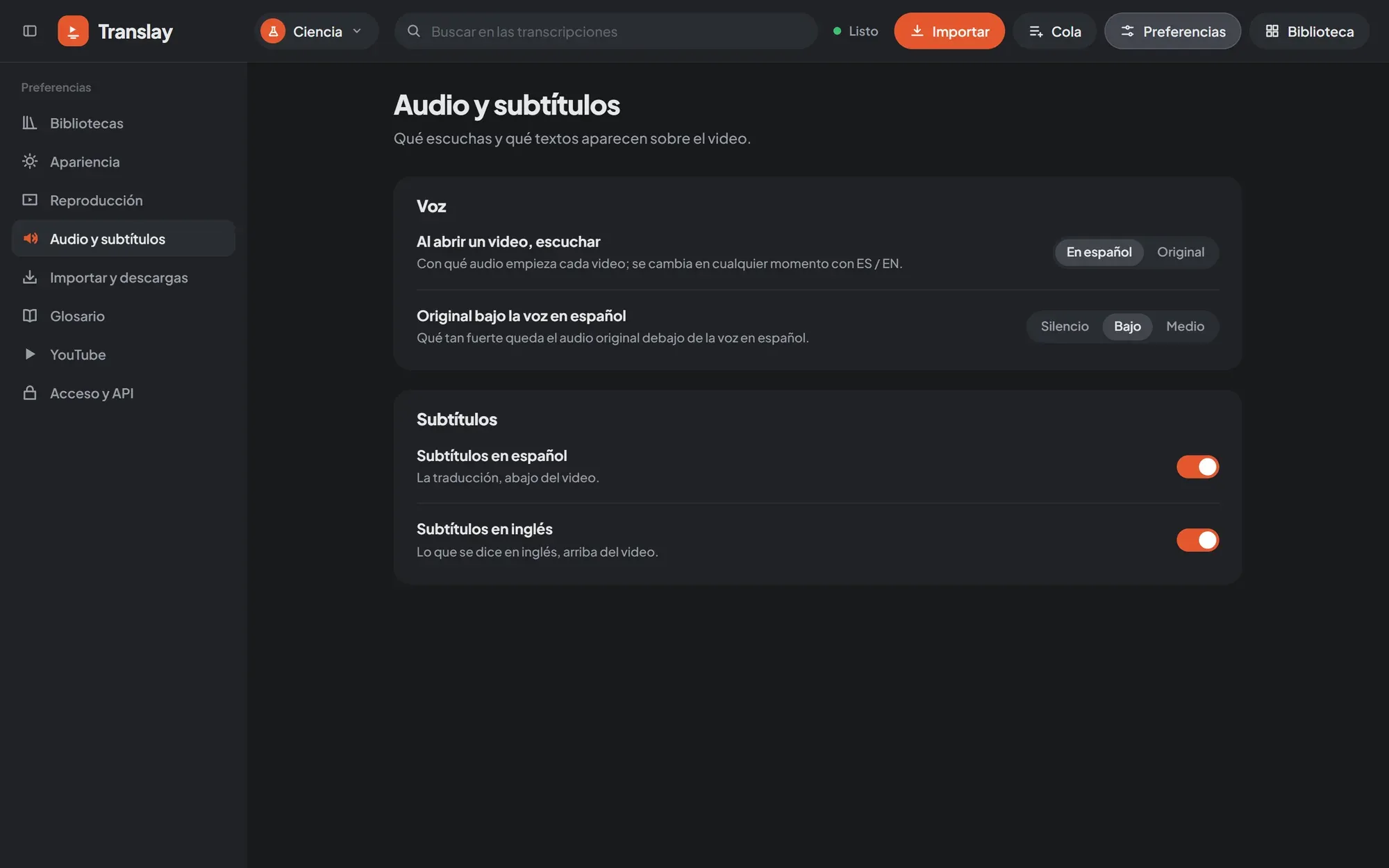 Preferences, Audio and subtitles page