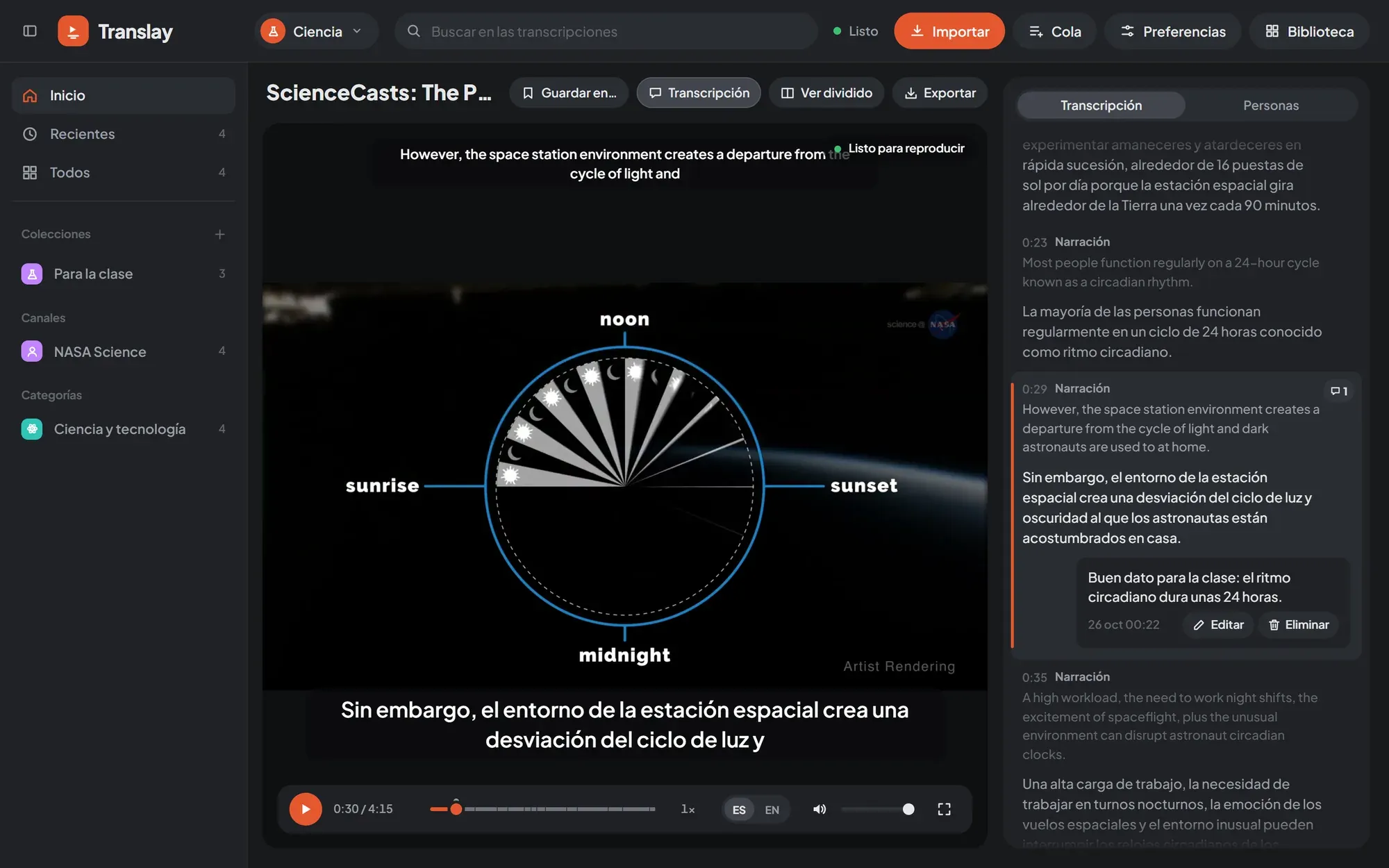 The player: dubbed video with Spanish and English subtitles and the aligned transcript on the side